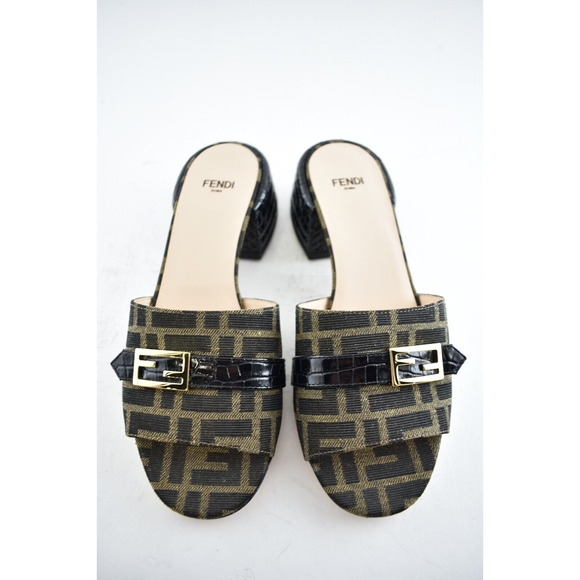 Fendi Black Brown Monogram Logo Backless Sandal Block Heel Mule Slide Pump 37.5 - Picture 5 of 12